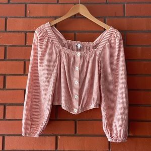 MADEWELL Women's Orange White Long Sleeve Striped Button Front Blouse